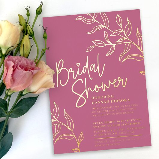 バラピンク金ゴールド葉ブライダルシャワー 箔招待状