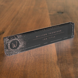 バラピンク金ゴールド&ブラックグリッターフレームモノグラム デスクネームプレート