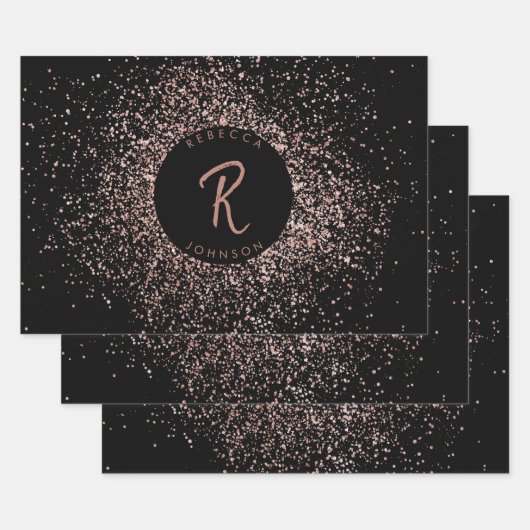 バラピンク金ゴールド&ブラックグリッターフレームモノグラム ラッピングペーパーシート (セット)