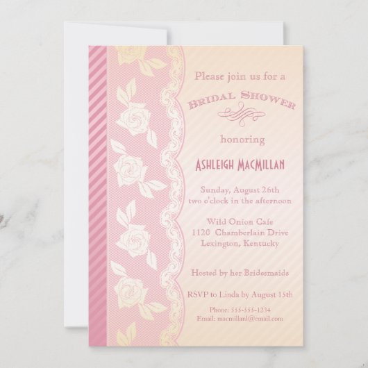 バラピンク、アイボリーフローラレースブライダルシャワー招待状 招待状 (正面)