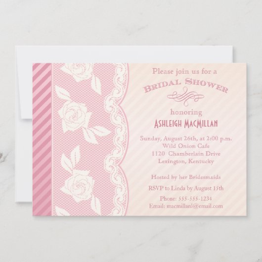 バラピンク、アイボリーフローラレースブライダルシャワー招待状 招待状 (正面)