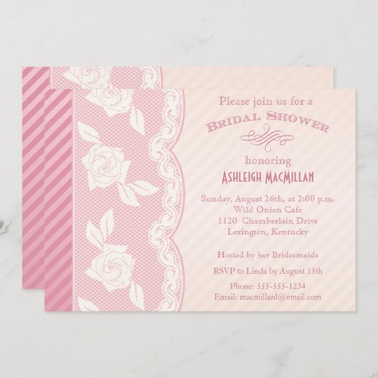 バラピンク、アイボリーフローラレースブライダルシャワー招待状 招待状 (正面/裏面)