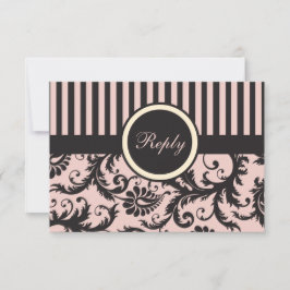 バラピンク、クリーム、グレー ストライプ ダマスク 返信カード