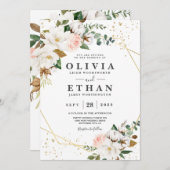 バラピンク ゴールド ジオメトリック ホワイト マグノリア フローラ 招待状 (正面/裏面)