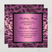 バラピンク&ブラック誕生日招待状 招待状 (正面/裏面)