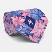 バラピンク & ブルー 花柄 モノグラム ネクタイ (ロール)