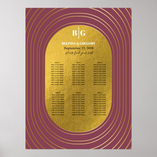 バラピンク&金ゴールドモダンアー結婚チの座席表 ポスター (正面)