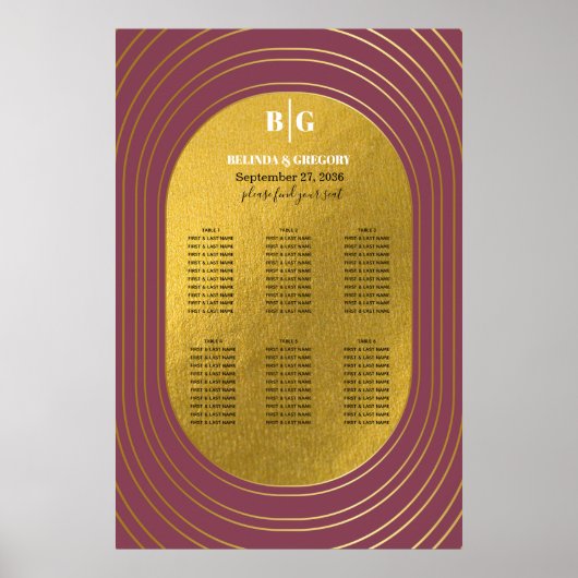 バラピンク&金ゴールドモダンアー結婚チの座席表 ポスター (正面)