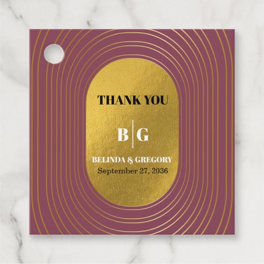 バラピンク&金ゴールドモダンミニマリストアー結婚チ フェイバータグ (正面)