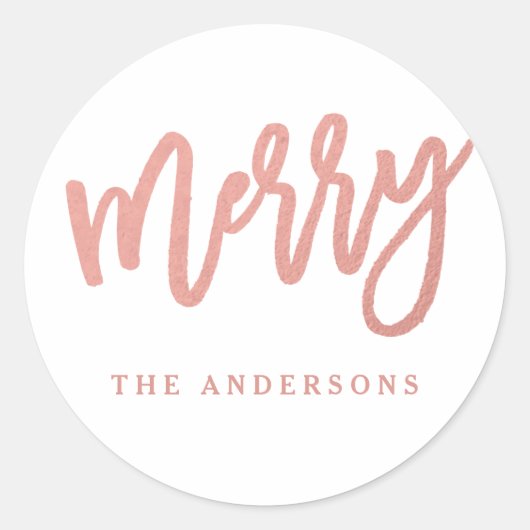 バラフェイクゴールドフォイルスクリプメリートホリデーステッカー ラウンドシール (正面)
