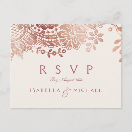 バラフェイク金ゴールドエレガントレース結婚式RSVP インビテーションポストカード (正面)