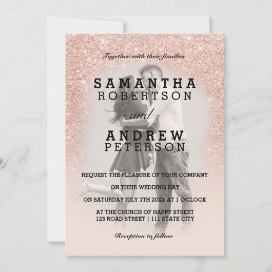 バラフェイク金ゴールドグラデーションピンク結婚フォト 招待状 (正面)