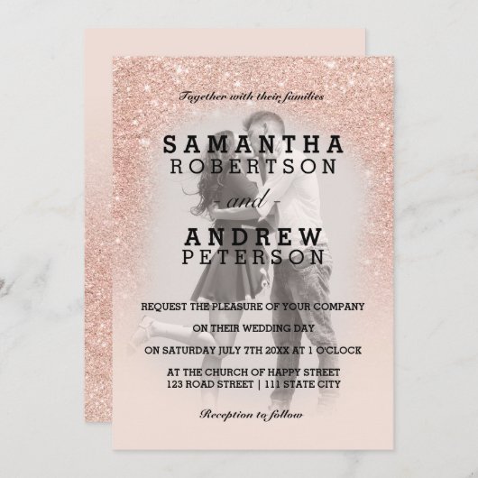 バラフェイク金ゴールドグラデーションピンク結婚フォト 招待状 (正面/裏面)