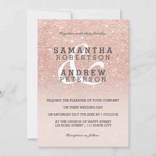 バラフェイク金ゴールドグラデーションピ結婚ンクカスタムグリッター 招待状 (正面)