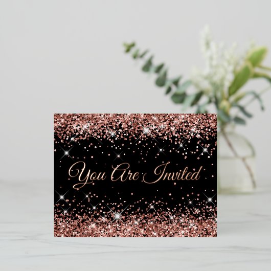 バラフェイク金ゴールドグリッターオンブラック40th誕生日 箔招待状ポストカード (立ち正面)