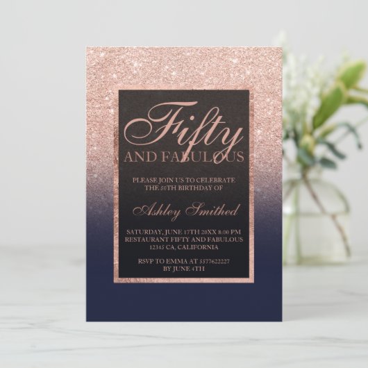 バラフェイク金ゴールドグリッターネイビーブルー50素晴らしい 招待状 (スタンド正面)