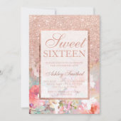 バラフェイク金ゴールドグリッターフローラ水の色Sweet 16 招待状 (正面)