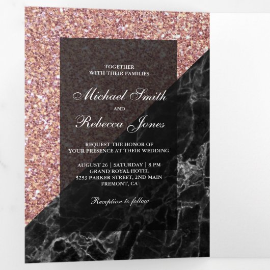 バラフェイク金ゴールドグリッターブラックマーブ結婚ルズフォト 三つ折り招待状 (内部最初)