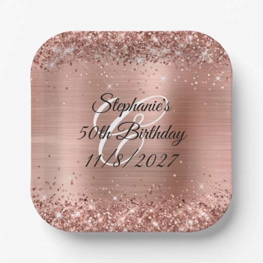 バラフェイク金ゴールドグリッター及びフォイル50誕生日 ペーパープレート (正面)