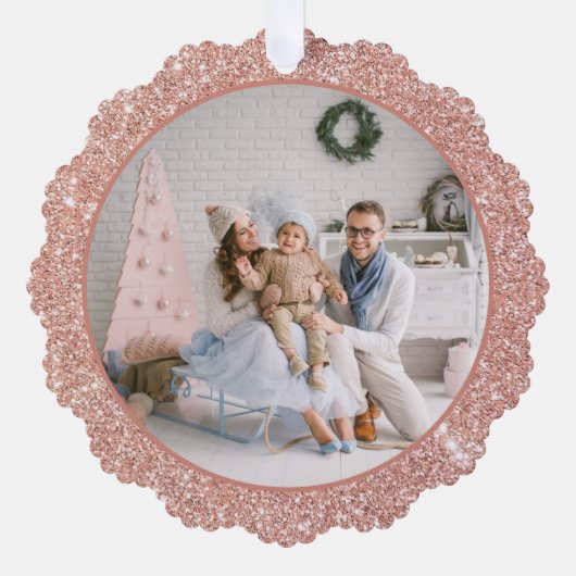 バラフェイク金ゴールドグリッター家族の写真クリスマス オーナメントカード (正面)