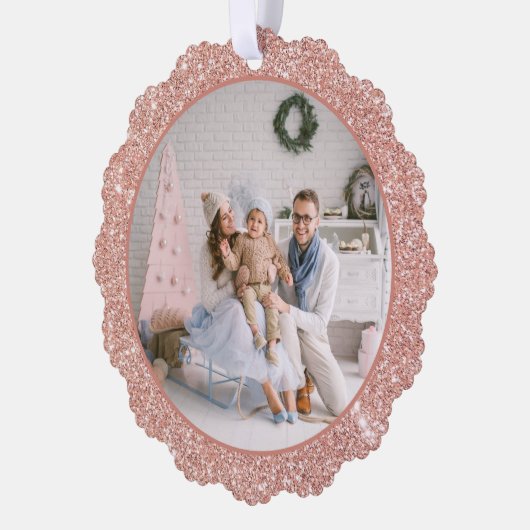 バラフェイク金ゴールドグリッター家族の写真クリスマス オーナメントカード (左)