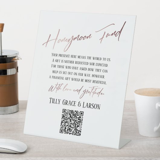 バラフェイク金ゴールドタイポグラフィハネムーンファンドQRコード 台座サイン (インサイチュ)