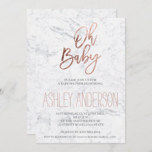 バラフェイク金ゴールドタイポグラフィマーブルシックベビーシャワー 招待状 (正面/裏面)