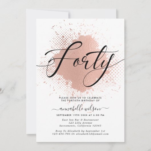 バラフェイク金ゴールドフォイル40歳の誕生日 招待状 (正面)
