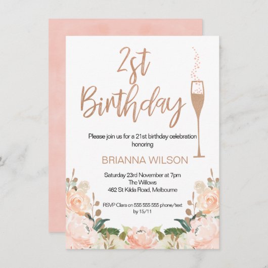 バラフェイク金ゴールドフローラ21歳誕生日招待状 招待状 (正面/裏面)