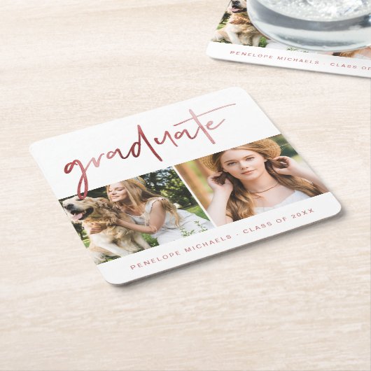 バラフェイク金ゴールド大学院スクリプトPhoto Grid White スクエアペーパーコースター (アングル)