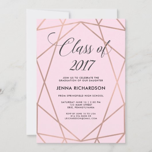 バラフェイク金ゴールド幾何学的オン赤面ピンク卒業 招待状 (正面)