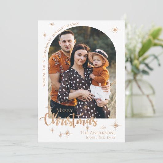 バラフェイク金ゴールド数々の家族の写真メリークリスマス シーズンカード (スタンド正面)