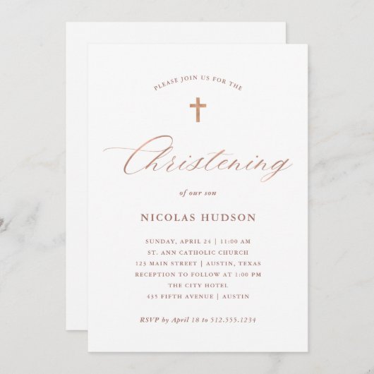 バラフェイク金ゴールド書と十字架|《キリスト教》洗礼式や命名式 招待状 (正面/裏面)