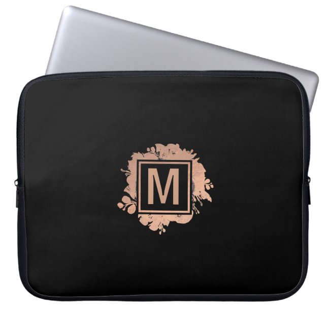 バラフェイク金ゴールド箔フローラデコーモノグラム ラップトップスリーブ (正面)