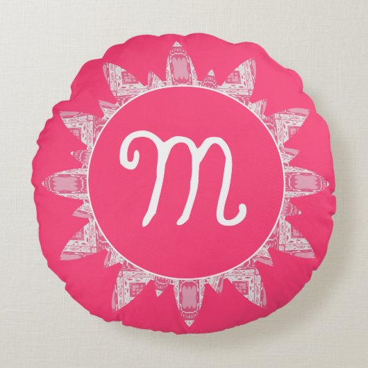 バラフェミニンピンクホワイトサンレイモノグラム ラウンドクッション (正面)