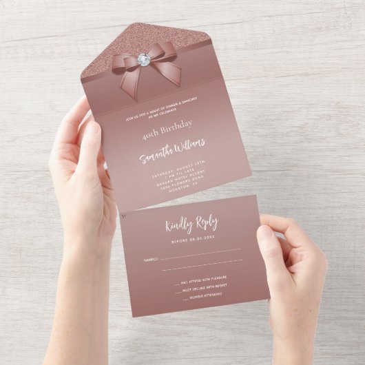 バラフェミニン金ゴールドジェムボウ&グリッター誕生日 オールインワン招待状 (貼ってはがせる)