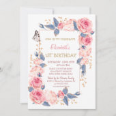 バラフラワーズブッテトラストライプのフライ誕生日 招待状 (正面)