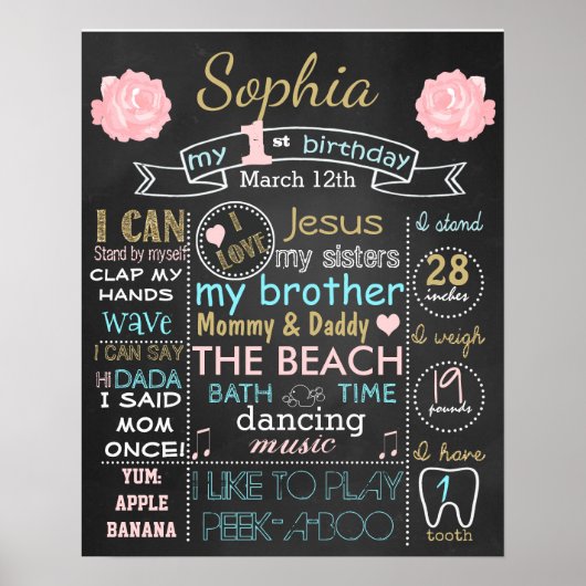 バラフラワーファースト誕生日シャルボードサイン女の子 ポスター (正面)