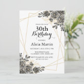 バラフラワーブラック&金ゴールド女性大人誕生日 招待状 (スタンド正面)