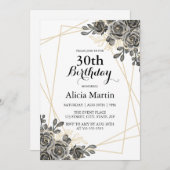 バラフラワーブラック&金ゴールド女性大人誕生日 招待状 (正面/裏面)