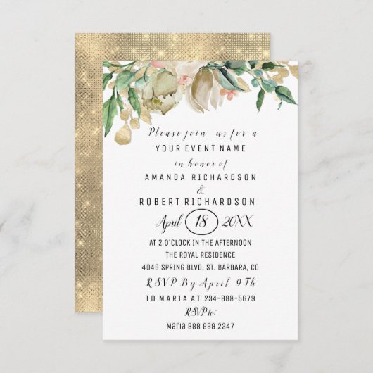 バラフラワーブランチ緑の金ゴールド水の色ホワイト 招待状 (正面/裏面)