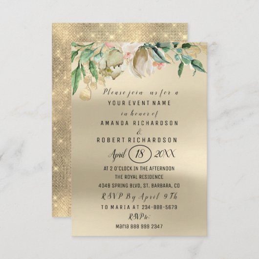 バラフラワーブランチ緑金ゴールド水彩アイボリー 招待状 (正面/裏面)