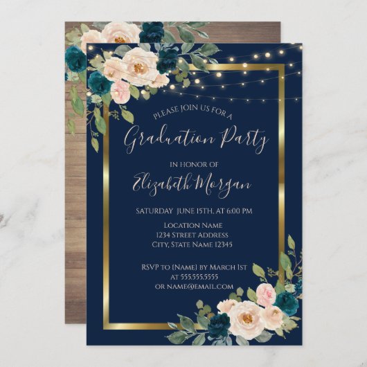 バラフラワーライトウッド卒業パーティー 招待状 (正面/裏面)