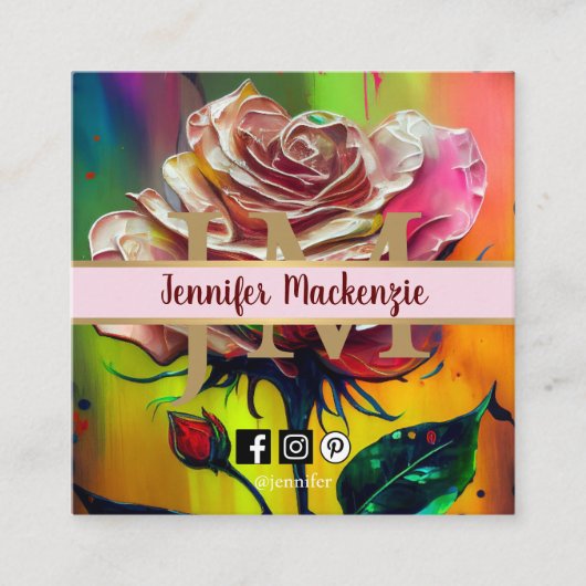 バラフラワー金ゴールドかわいらしピンクAI生成 スクエア名刺 (正面)