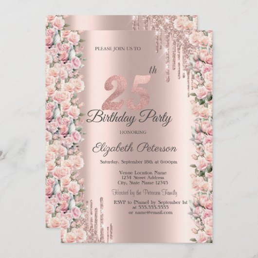 バラフレーム駆動バラ金ゴールド25誕生日 招待状 (正面/裏面)