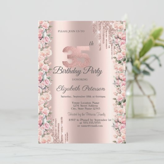 バラフレーム駆動バラ金ゴールド35誕生日 招待状 (スタンド正面)