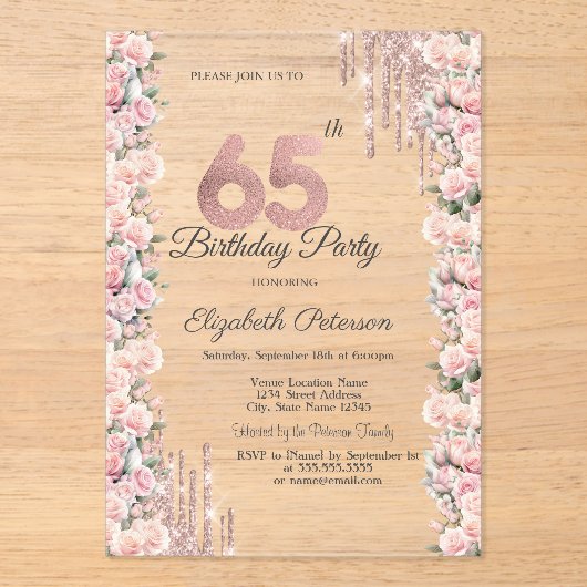 バラフレーム駆動バラ金ゴールド65誕生日 アクリル招待状 (正面)