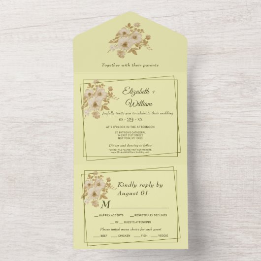 バラフレーム – 天結婚黄 オールインワン招待状 (内側)