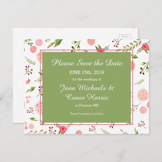 バラフローラと緑の結婚式の日付を保存 案内ポストカード (正面/裏面)
