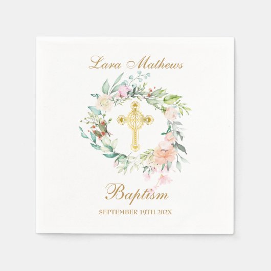 バラフローラガーランド金ゴールドクロスバプテスマ《キリスト教》洗礼式や命名式 スタンダードカクテルナプキン (正面)